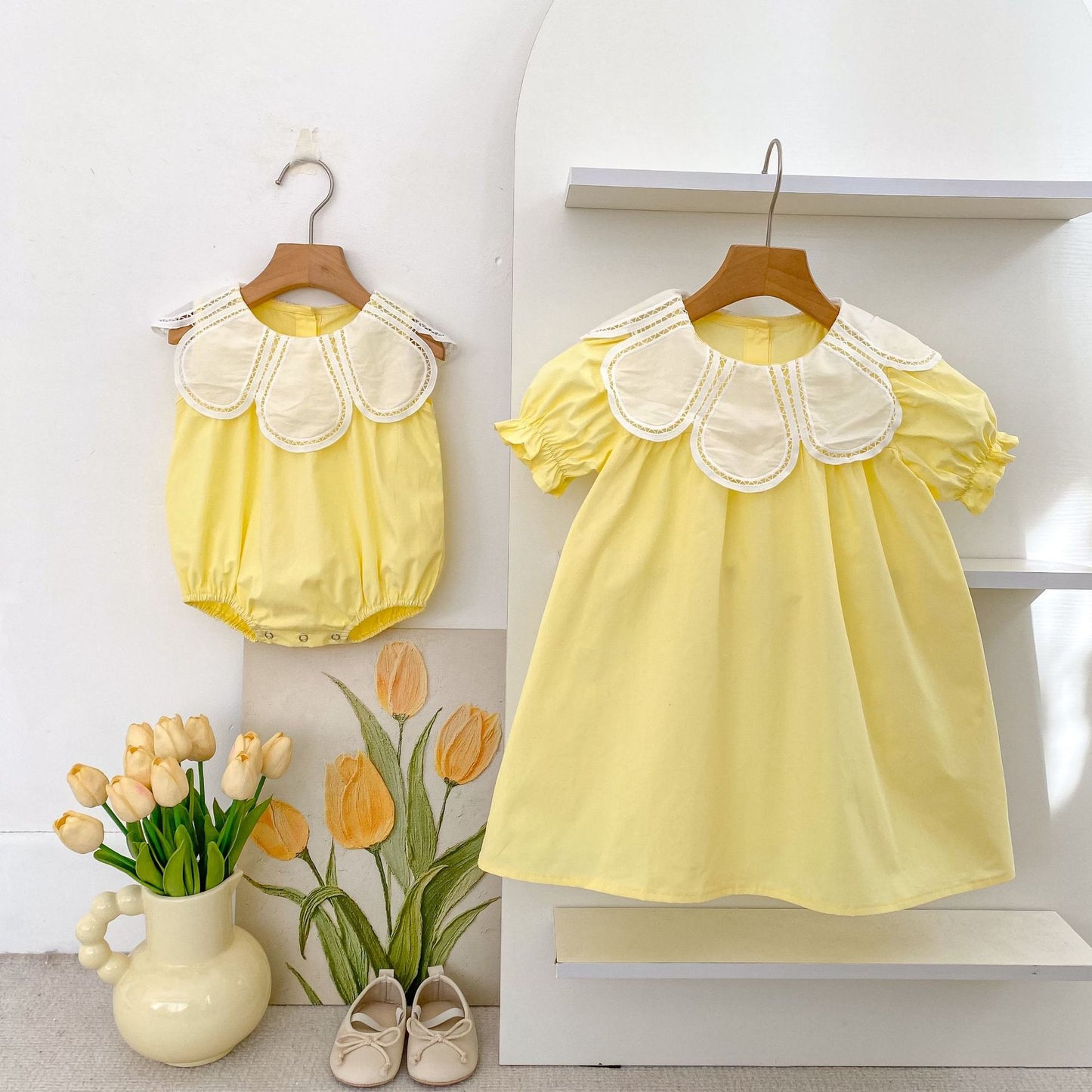 Petal Collar Romper Puff Sleeve Dress ラッフル ロンパース ミモレ丈ワンピース【mh0013158】