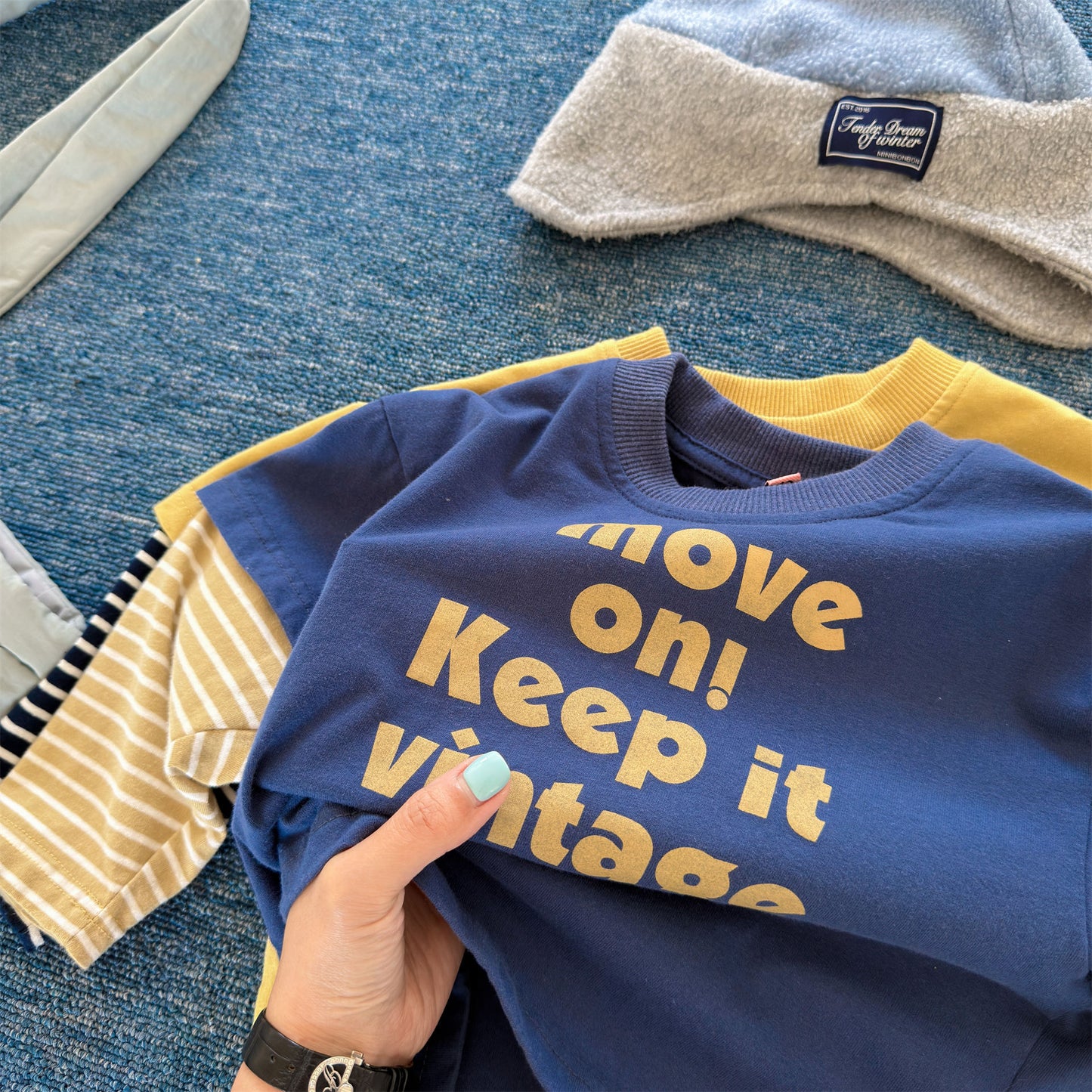 キッズ ボーダー レイヤード風 英字プリント ルーズ 長袖Tシャツ【mh0014068】