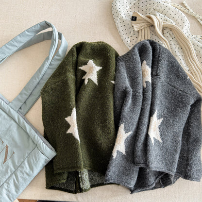 ニットカーディガン スター星 モノトーン ラグラン カジュアル アウター【mh0011612】