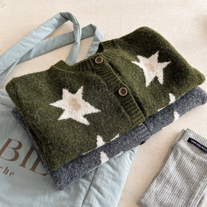 ニットカーディガン スター星 モノトーン ラグラン カジュアル アウター【mh0011612】
