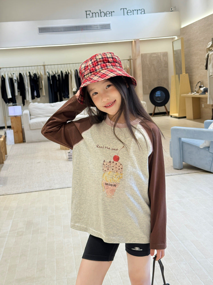 キッズ ジュニア 配色 バイカラー ラグラン プリント 長袖Tシャツ【mh0014416】