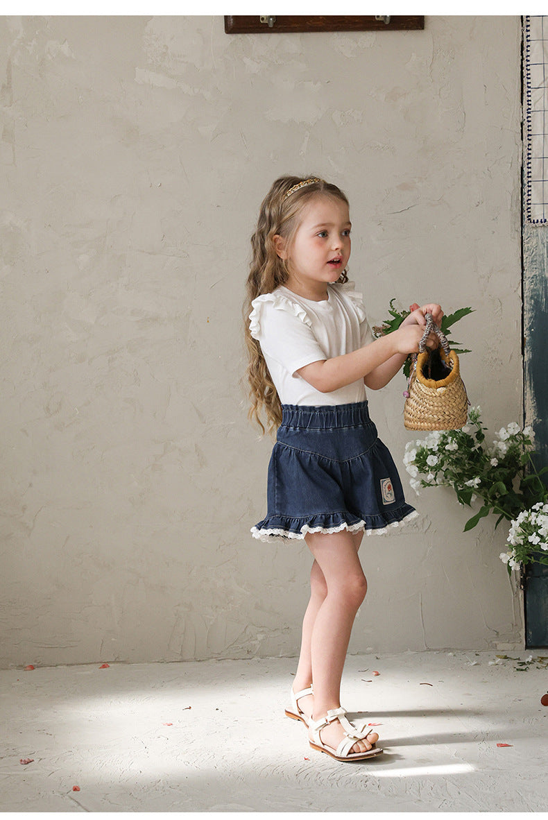 Lace Print Denim Shorts フリル デニムショートパンツ【mh0012981】