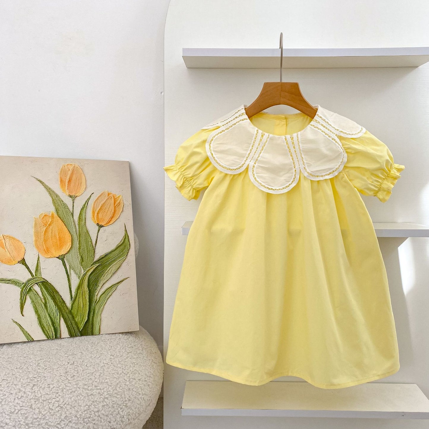 Petal Collar Romper Puff Sleeve Dress ラッフル ロンパース ミモレ丈ワンピース【mh0013158】