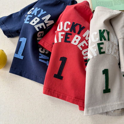 Number Embroidered Cotton Short Sleeve T-shirt ワッペン 半袖Tシャツ【mh0012662】