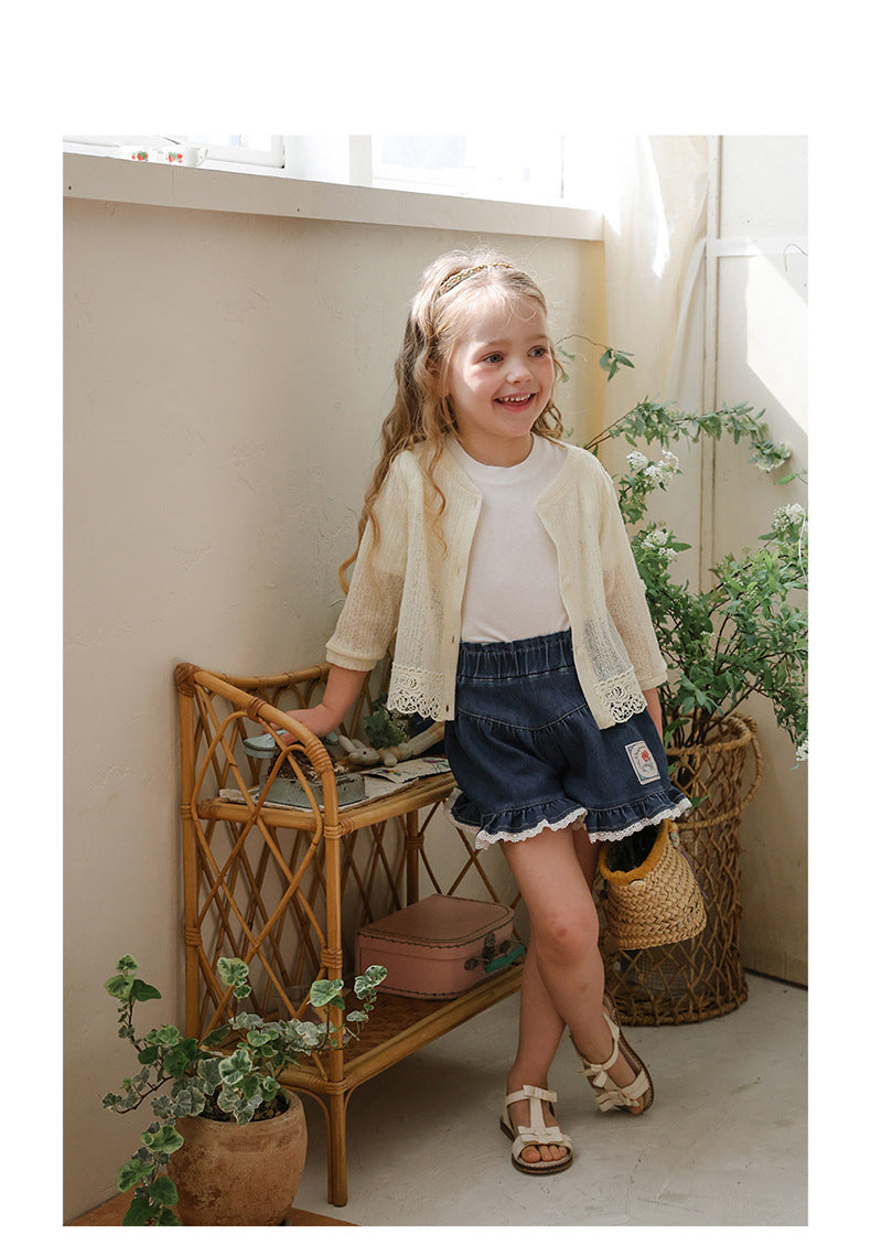 Lace Print Denim Shorts フリル デニムショートパンツ【mh0012981】