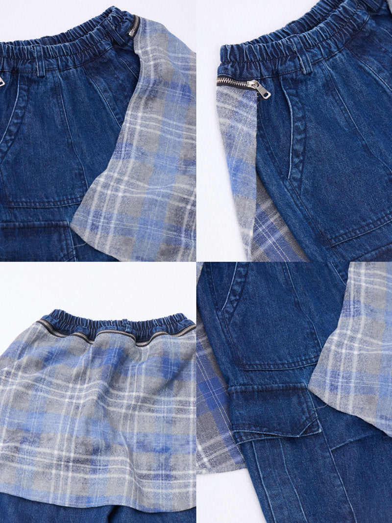 Check Layered Denim Shorts チェック レイヤード デニムハーフパンツ【mh0013002】