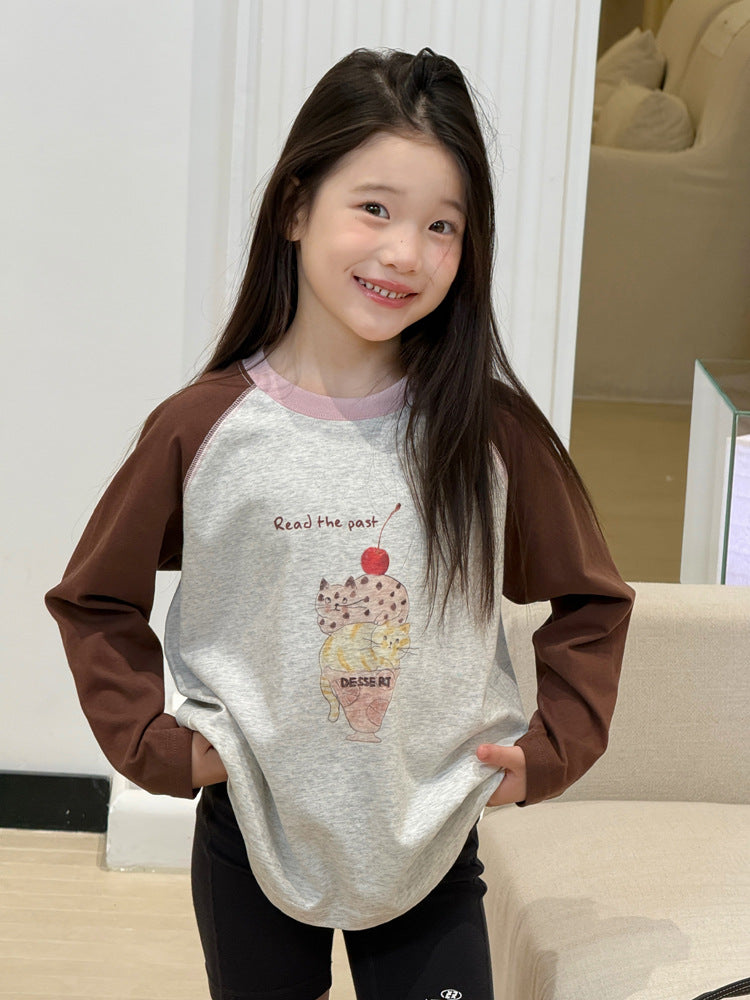 キッズ ジュニア 配色 バイカラー ラグラン プリント 長袖Tシャツ【mh0014416】