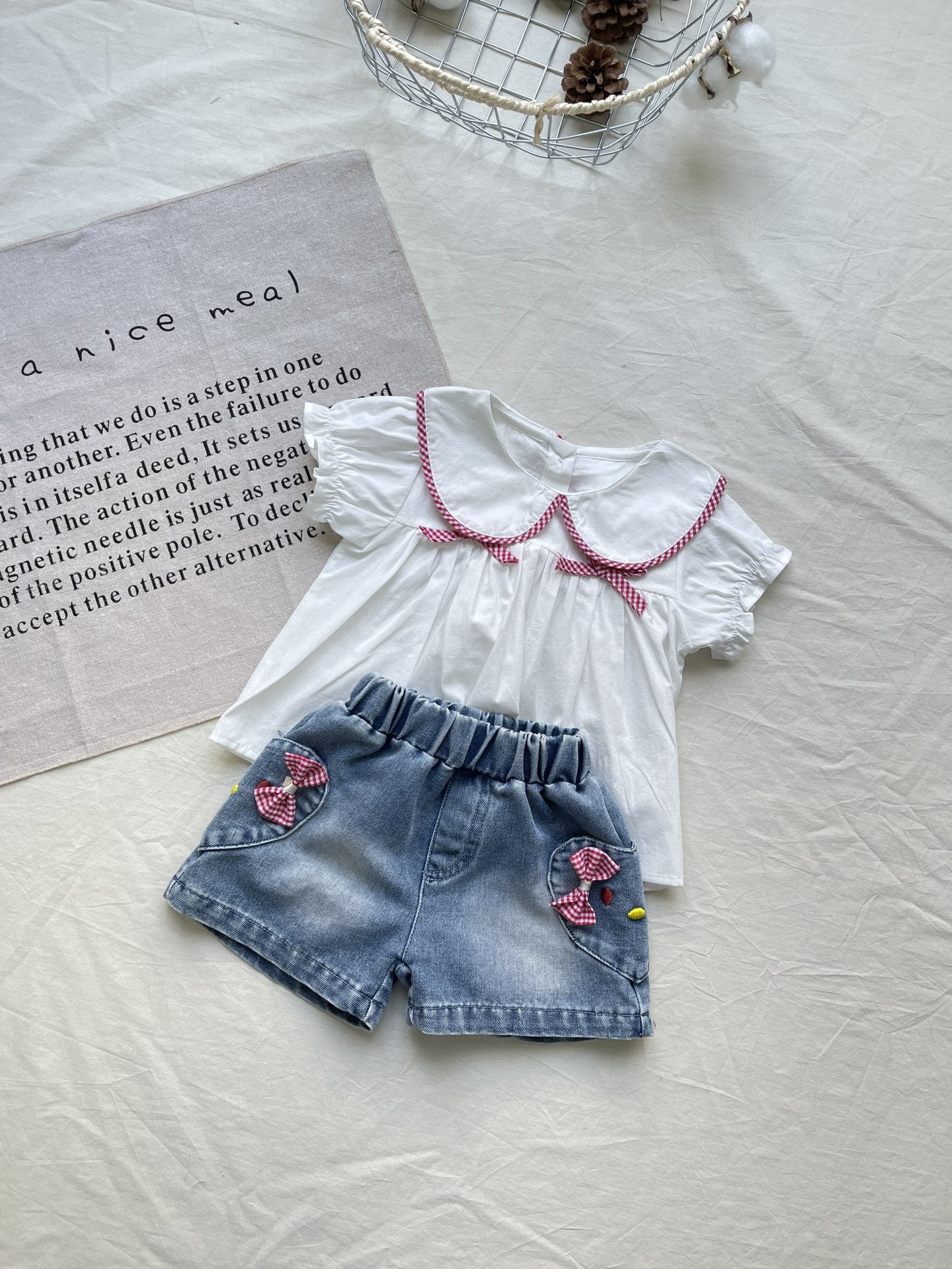 Gingham Plaid Piping Set Gingham Check Short Sleeve Blouse & Denim Shorts [mh0012912]