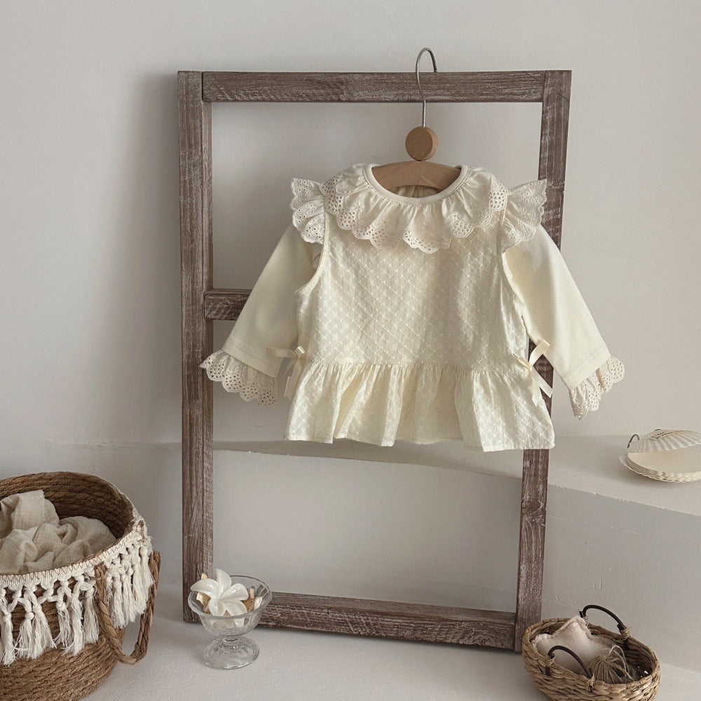 Blusa camisola con bordado de lazo y mangas con volantes para bebés y niños 【mh0014488】