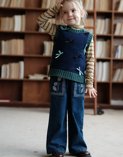 ワイドデニムパンツ 刺繍 ジーンズ キッズ 女の子 ボトムス【mh0011568】