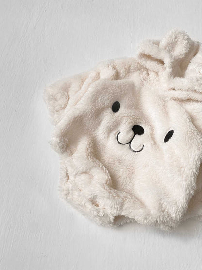 ベビー用くま刺繍 フード付きフリースロンパース くまフェイス（ベージュ系）