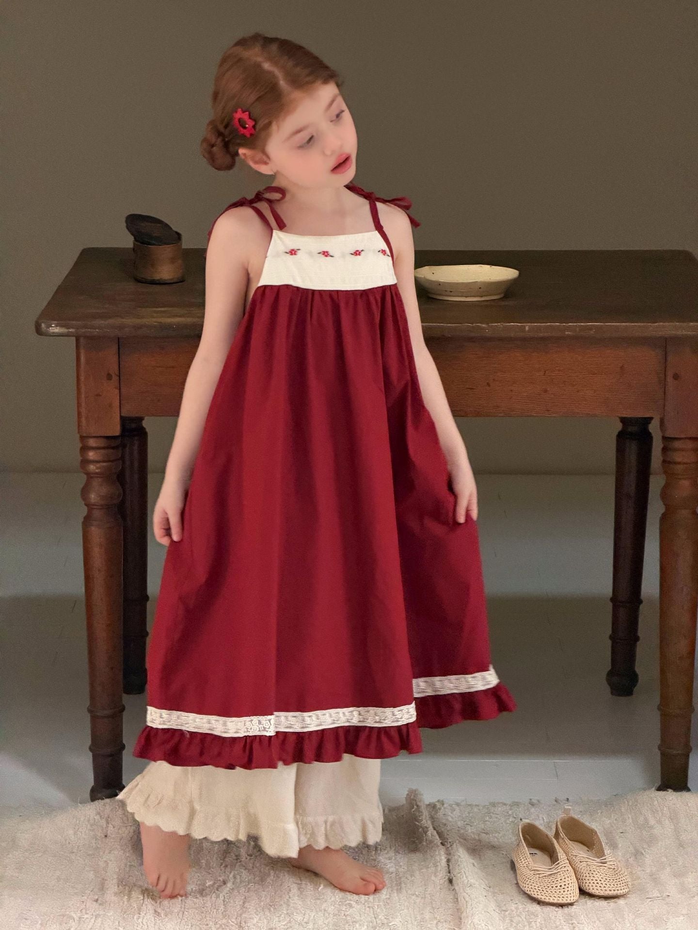 Vintage Floral Shoulder Ribbon Dress 刺繍 ノースリーブワンピース【mh0012891】