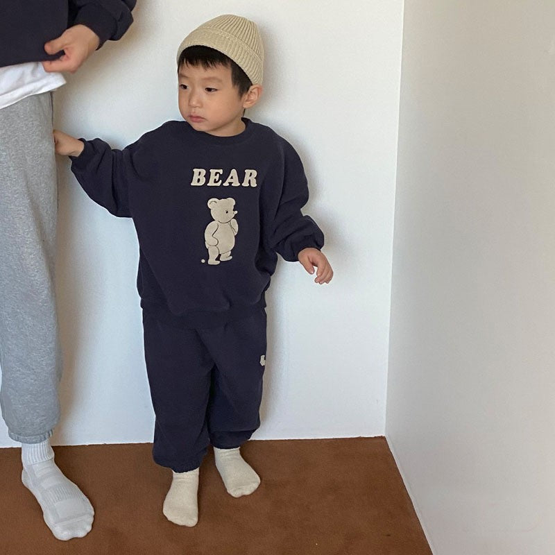 Conjunto de sudadera de manga larga con estampado de osito y pantalón largo para bebés y niños 【mh0014639】