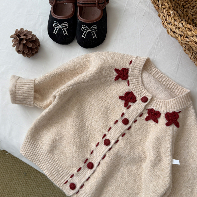 キッズ リボン 立体 刺繍 モチーフ ニット カーディガン【mh0014526】