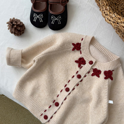 キッズ リボン 立体 刺繍 モチーフ ニット カーディガン【mh0014526】