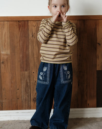 ワイドデニムパンツ 刺繍 ジーンズ キッズ 女の子 ボトムス【mh0011568】