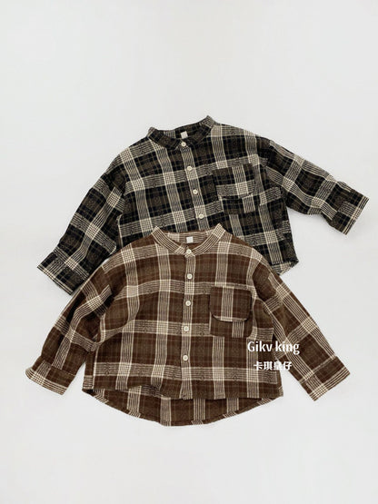 Vintage Plaid Long Sleeve Button Shirt キッズ チェック柄 シャツ【mh0012571】
