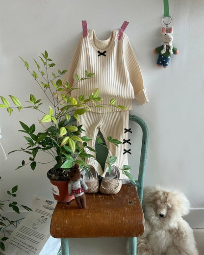 ベビーセットアップ リブニット リボンデザイン ホームウェア【mh0011637】