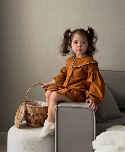 Kids' Piping Round Neck Balloon Sleeve Long Sleeve Dress【mh0014752】