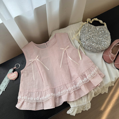 Lace Trim Bow Blouse リボン フリル ノースリーブブラウス【mh0013120】