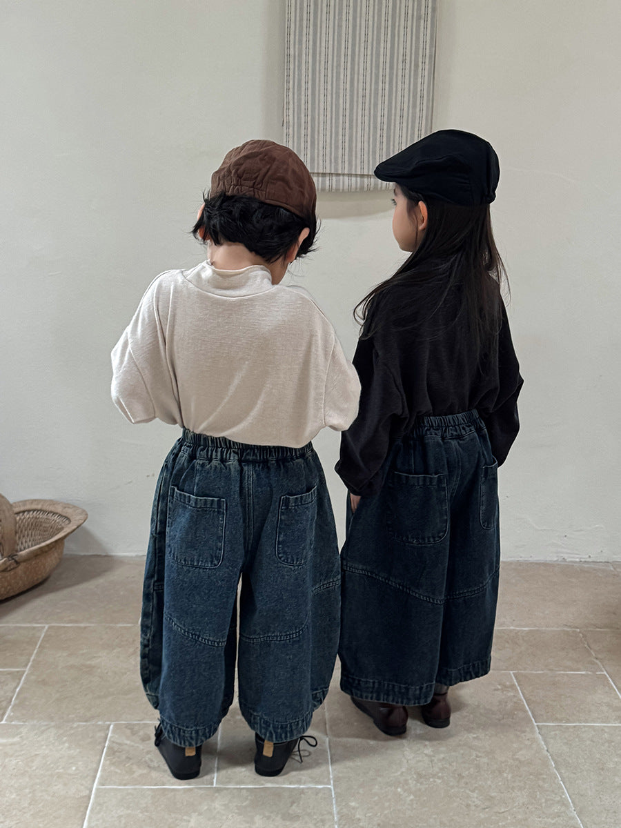 キッズ ステッチ切替 デニム バルーン ロングパンツ【mh0014787】