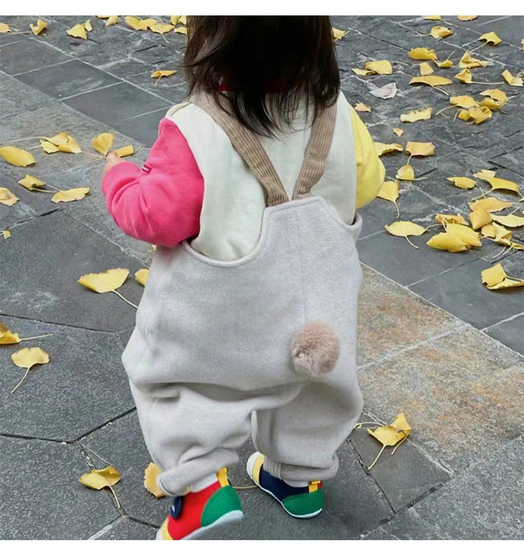 サロペット ウール調 厚手 しっぽ付 オーバーオール 防寒【mh0011707】