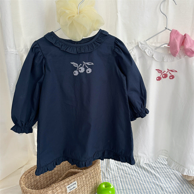 キッズ チェリー 刺繍 フリルカラー 長袖 ワンピース【mh0014157】