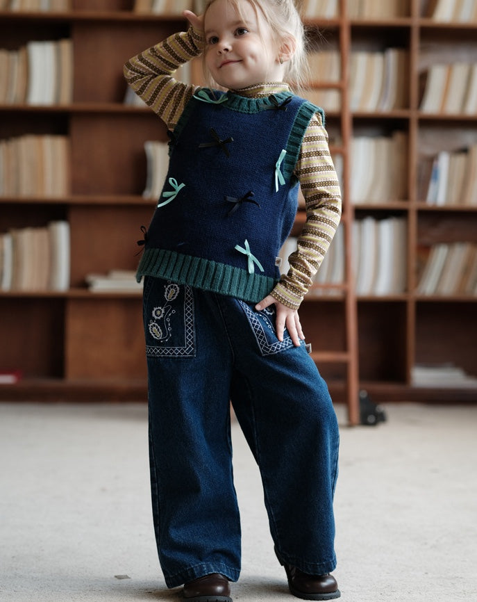 ワイドデニムパンツ 刺繍 ジーンズ キッズ 女の子 ボトムス【mh0011568】