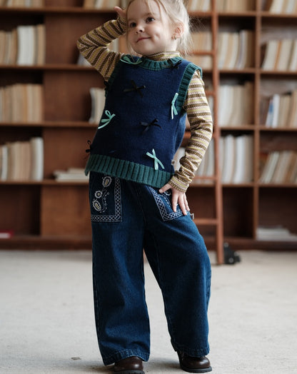 ワイドデニムパンツ 刺繍 ジーンズ キッズ 女の子 ボトムス【mh0011568】