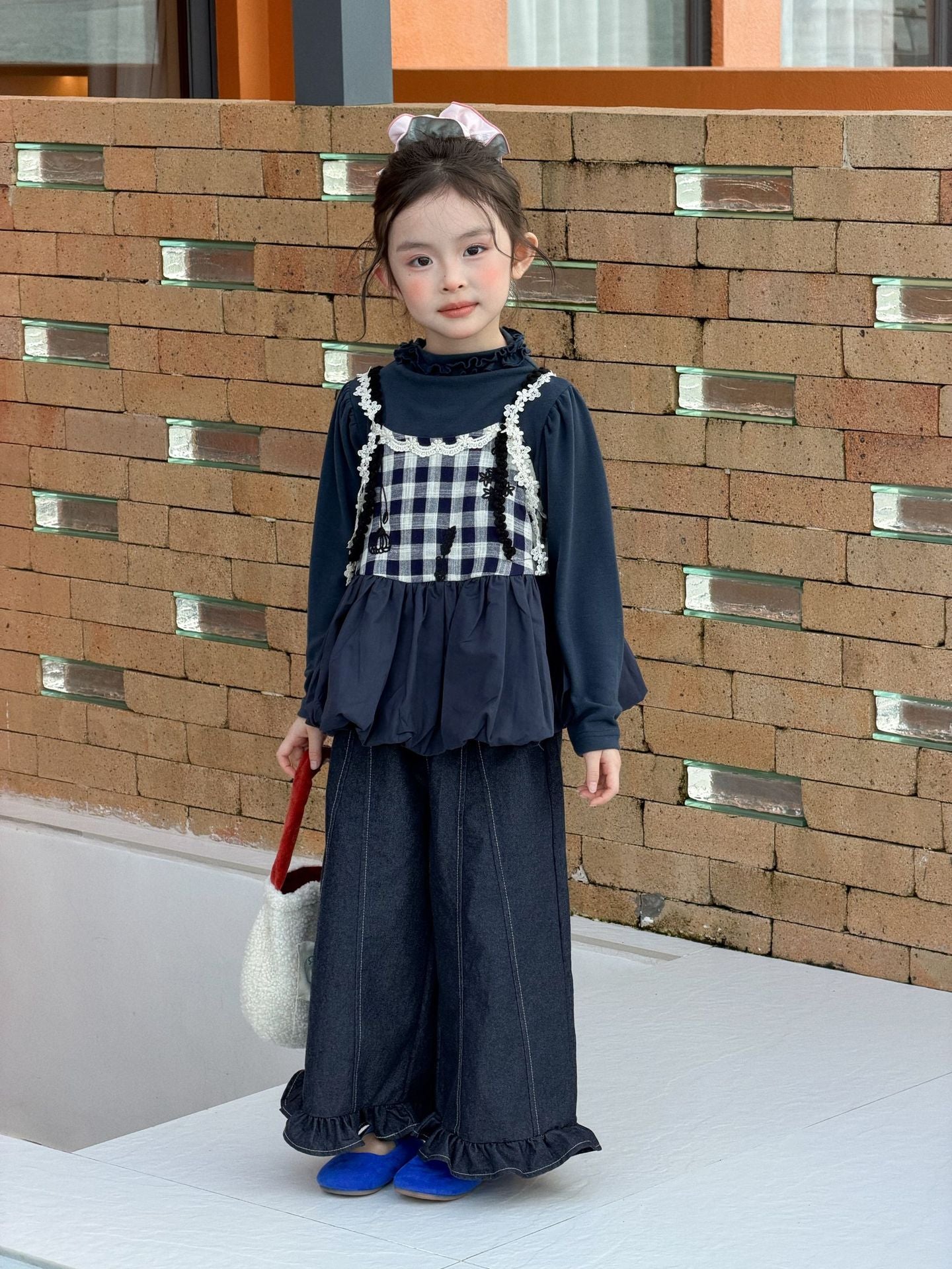 キッズ ジュニア チェック柄 キャミソール ベスト メロウ フリル 長袖Tシャツ ワイド デニムパンツ【mh0014273】
