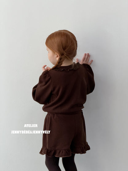Conjunto de blusa de manga larga con cuello de volantes y mangas abullonadas con pantalón de volantes para niños 【mh0014669】