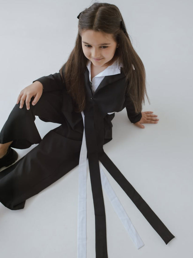 Kids' Bicolor Paneled Layered-Look Long-Sleeve Shirt + Wide-Leg Long Pants Set【mh0014741】
