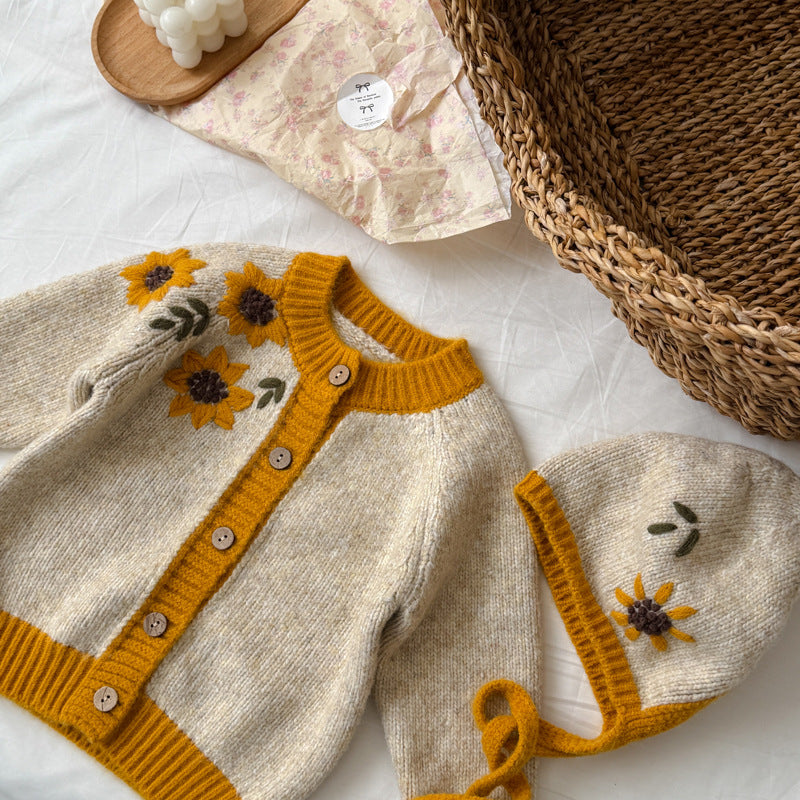 キッズ サンフラワー フラワー 刺繍 帽子付き ニット カーディガン【mh0014531】