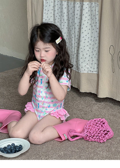 UPF50 Plus Marine Striped Short Sleeve One-piece マリンボーダー 水着【mh0012601】