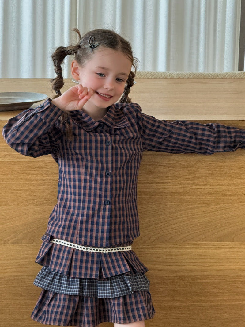 Kids' Plaid Button-Up Long-Sleeve Shirt and Colorblock Tiered Mini Skirt Set [mh0014085]