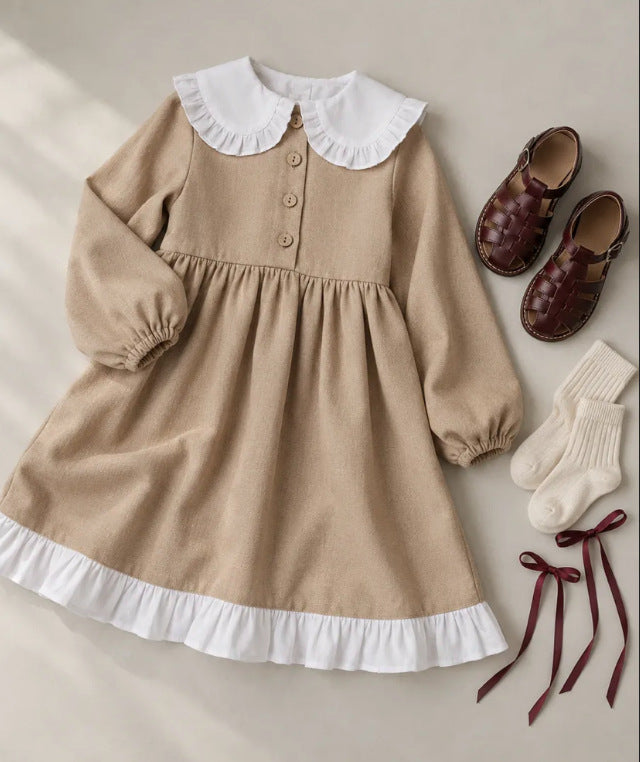 2027 INS Rusia Vestido sencillo de lino y algodón para niña con cuello de muñeca y encaje, vestido de princesa estilo JK infantil【mh0014746】