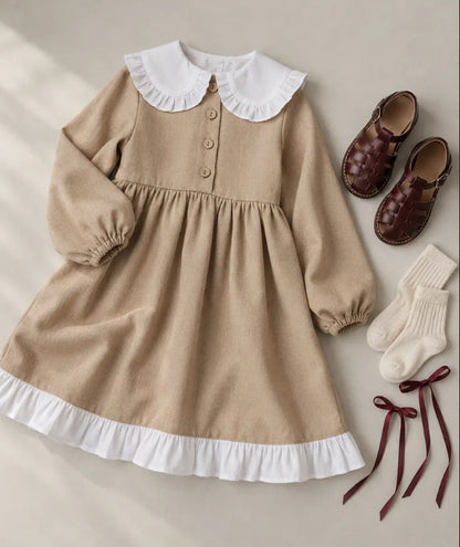2027 INS Rusia Vestido sencillo de lino y algodón para niña con cuello de muñeca y encaje, vestido de princesa estilo JK infantil【mh0014746】