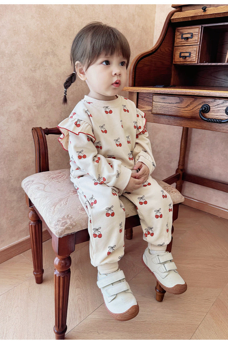 長袖セットアップ チェリープリントフリルスウェットシャツ/スウェットパンツ【mh0011723】