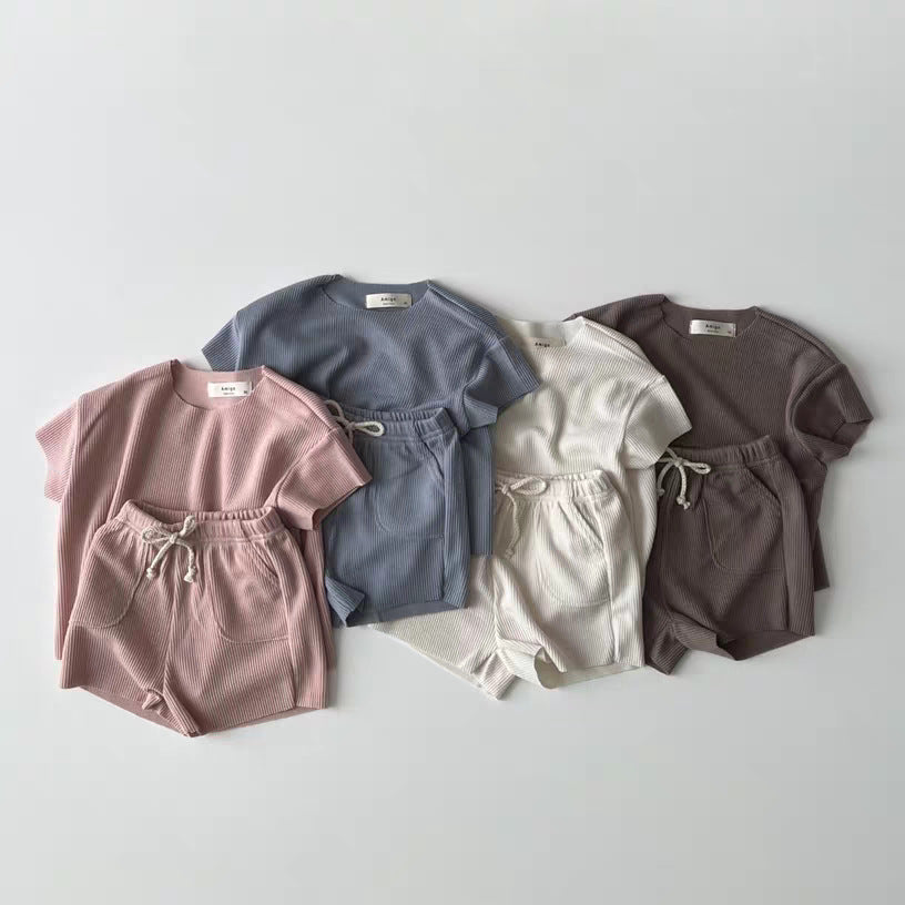 Ribbed Breathable Loungewear Solid Color Short Sleeve T-shirt and Shorts Set [mh0012905]