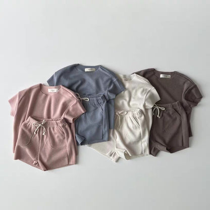 Ribbed Breathable Loungewear Solid Color Short Sleeve T-shirt and Shorts Set [mh0012905]