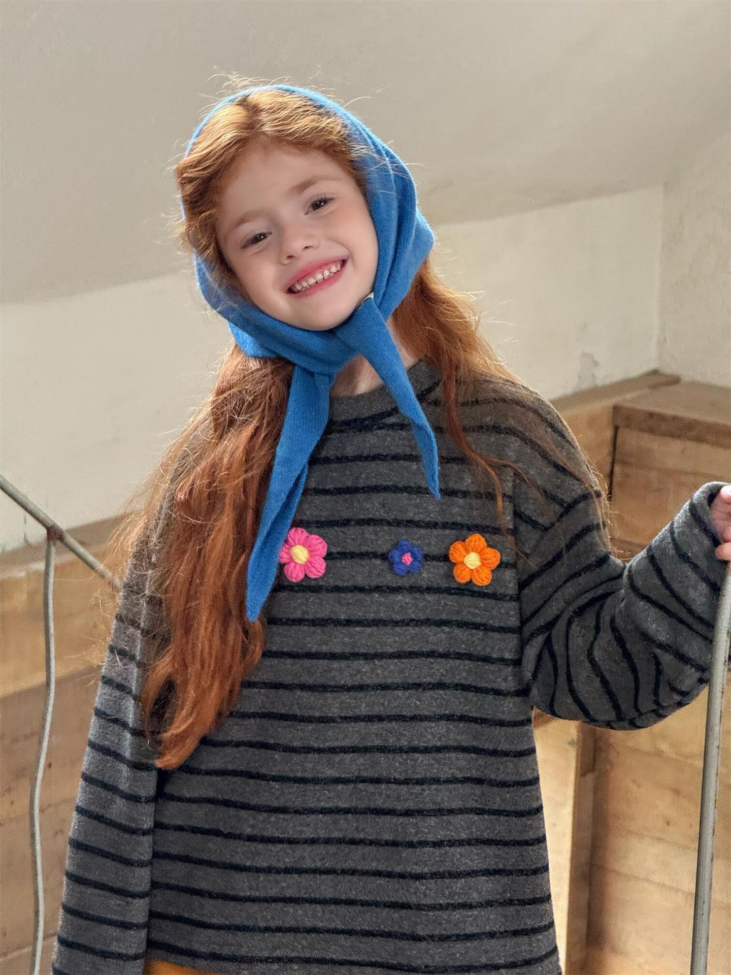 長袖Tシャツ ボーダー柄 裏起毛 フラワーワッペン ゆったり カットソー【mh0011737】