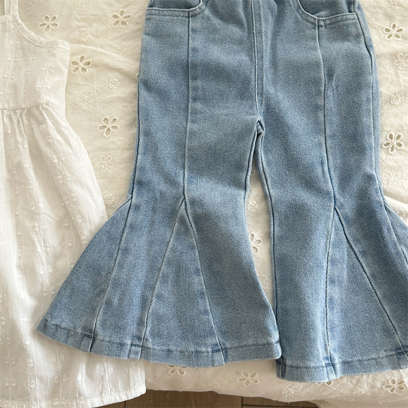 キッズ 切り替え ステッチ ストレッチ デニム フレアパンツ【mh0014154】