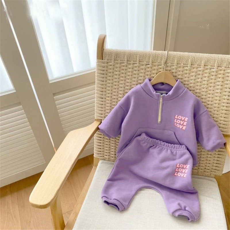 Conjunto de sudadera de manga larga con media cremallera y estampado de logotipo y pantalón largo para bebés y niños 【mh0014638】