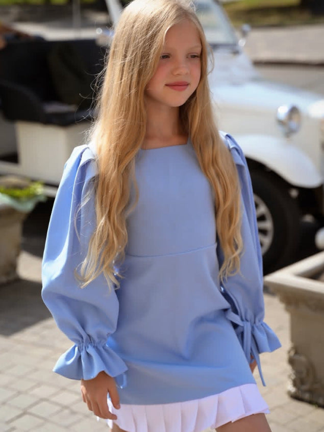 Kids' Pleated Paneled Puff-Sleeve Long-Sleeve Dress【mh0014739】