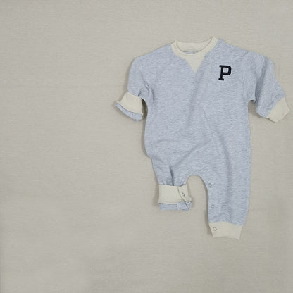 Baby One-Point Initial Color-Blocked Piping Long-Sleeve Romper【mh0014635】