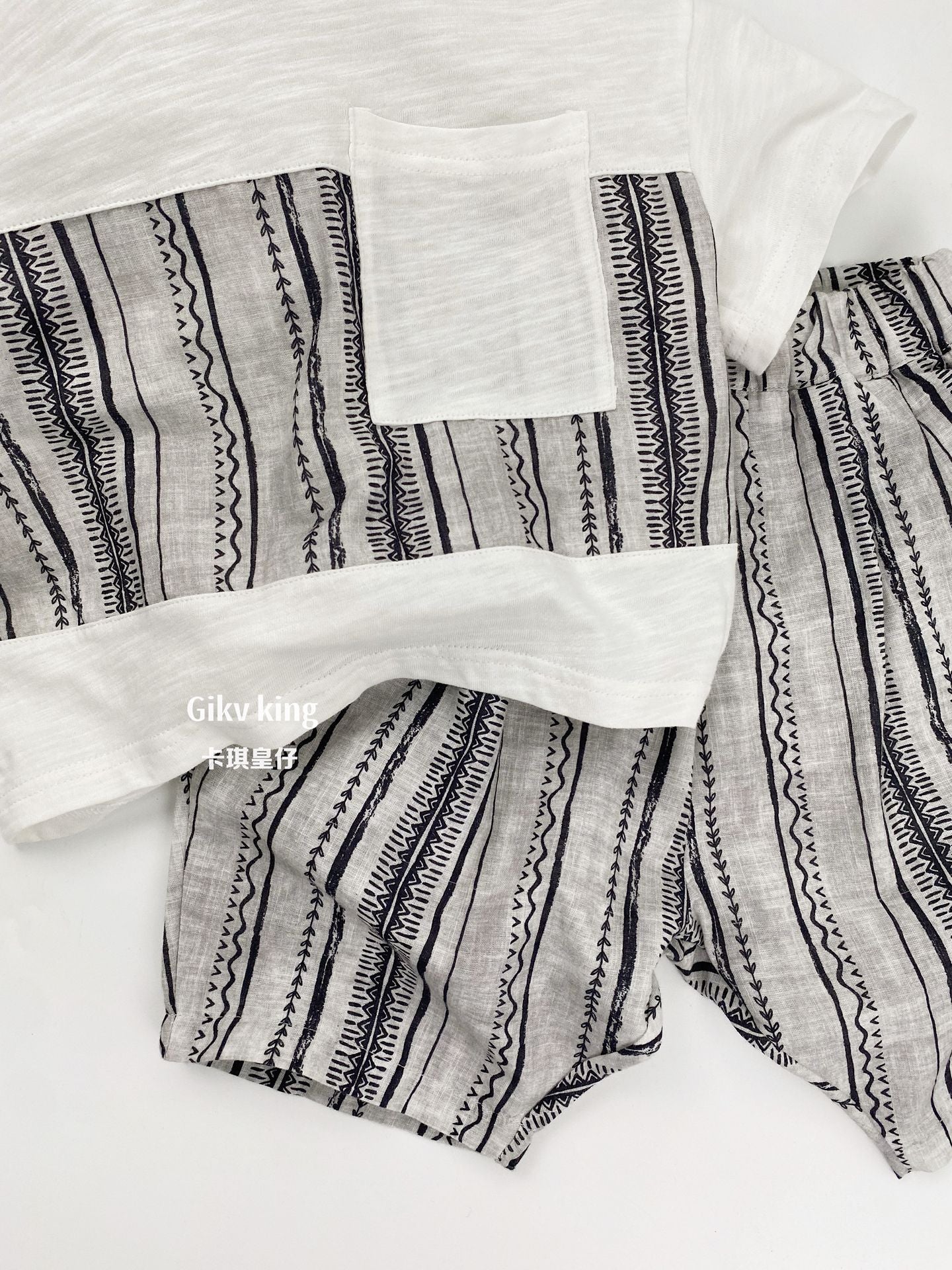 Short Sleeve Pocket Top, Striped Shorts, Geometric Pattern, Striped Short Sleeve Set Up [mh0012829]