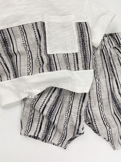 Short Sleeve Pocket Top, Striped Shorts, Geometric Pattern, Striped Short Sleeve Set Up [mh0012829]