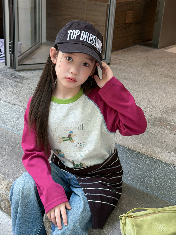 キッズ ジュニア 配色 バイカラー ラグラン プリント 長袖Tシャツ【mh0014416】