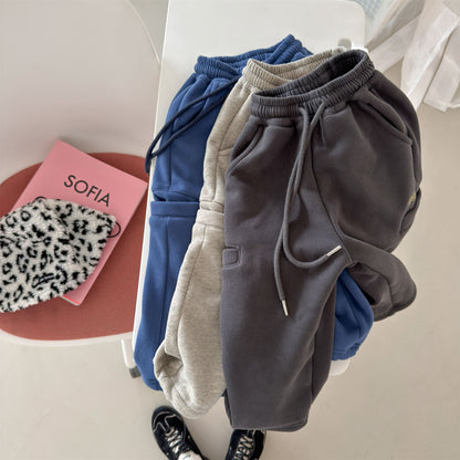 Pantalones largos de felpa para niños, corte holgado con cintura elástica y forro polar [mh0014538]