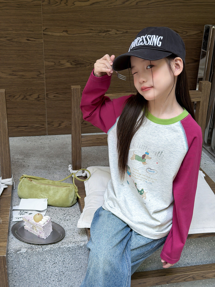 キッズ ジュニア 配色 バイカラー ラグラン プリント 長袖Tシャツ【mh0014416】